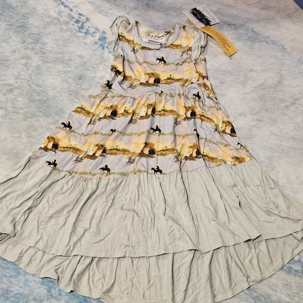Tiny Revival Co He Is Risen Easter Hi Low Dress Girls Size 5T Modal Ruffle‎ NWT